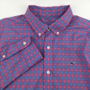 Vineyard Vines Button Down Mens L Pink‎ Blue Plaid On-The-Go Performance Shirt